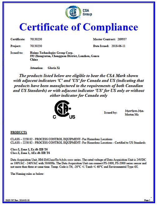 HAIMO Technologies (Group) Co., Ltd. obtained Canadian Standards Association (CSA) certification for multiphase flowmete